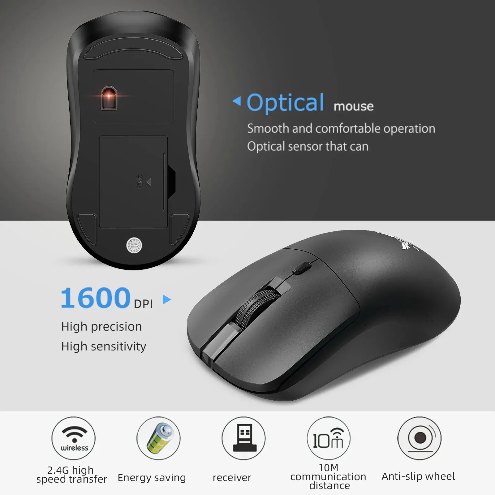 Ratón inalámbrico de 2,4G para videojuegos, ergonómico, 800-1200-1600 DPI, recargable, para oficina, PC, portátil, Macbook Pro