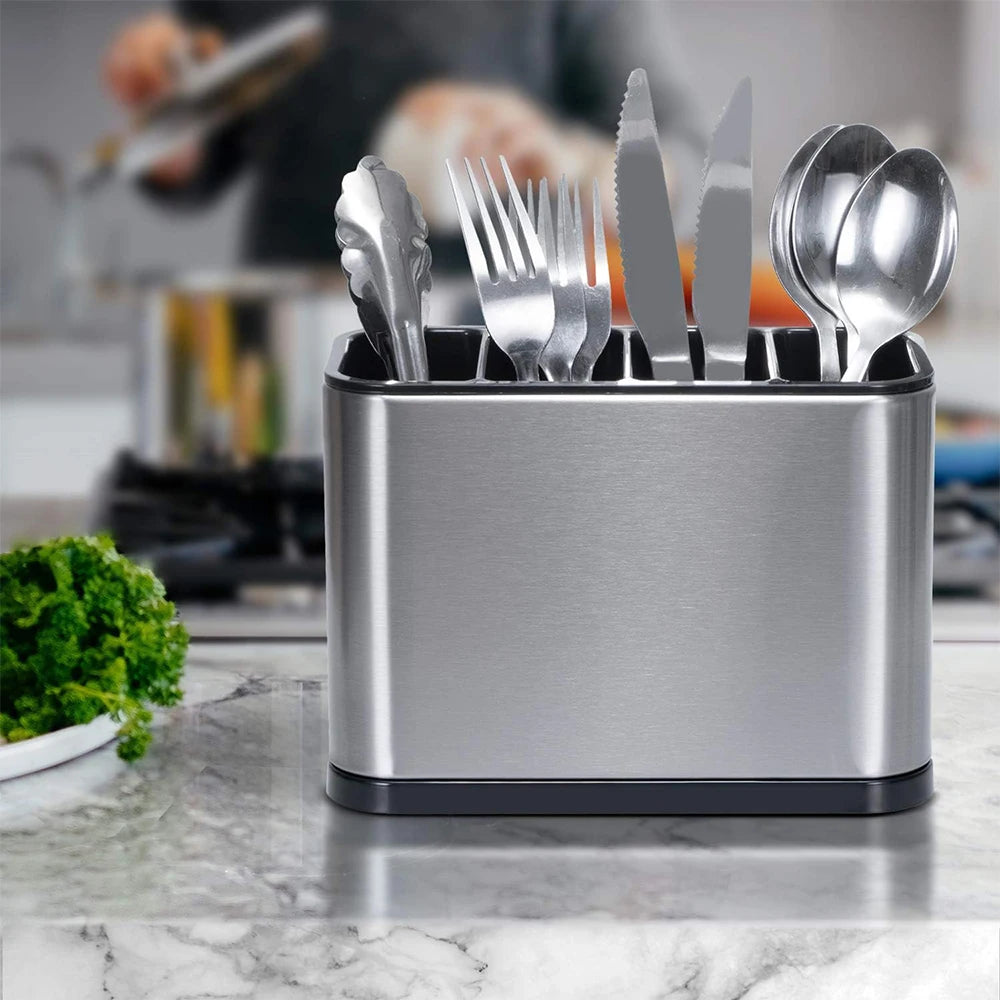 LMETJMA Organizador de cubiertos Caddy para cubiertos, estante de secado de utensilios de acero inoxidable, soporte para cubiertos con 4 compartimentos divididos