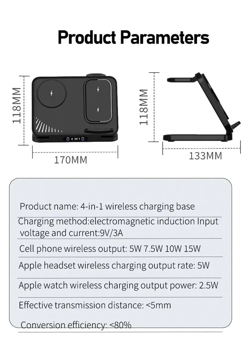 Cargador Inalámbrico 4 en 1 para Dos Teléfonos, Compatible con iPhone 17~12, Samsung S25, Xiaomi, Airpods Pro, Apple Watch 11~2, Carga Rápida Magnética