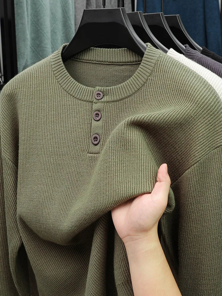 Suéter de punto Henley de peso pesado de 500 g para hombre - Beige (caqui/negro/gris/verde) Otoño Invierno esencial    Toque suave