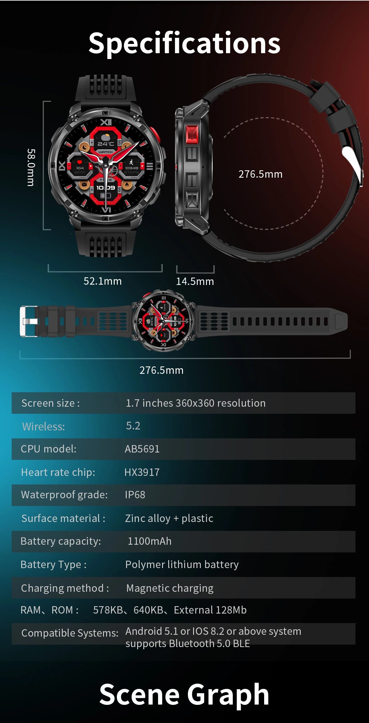 LIGE Reloj Inteligente Militar 1100mAh 5ATM