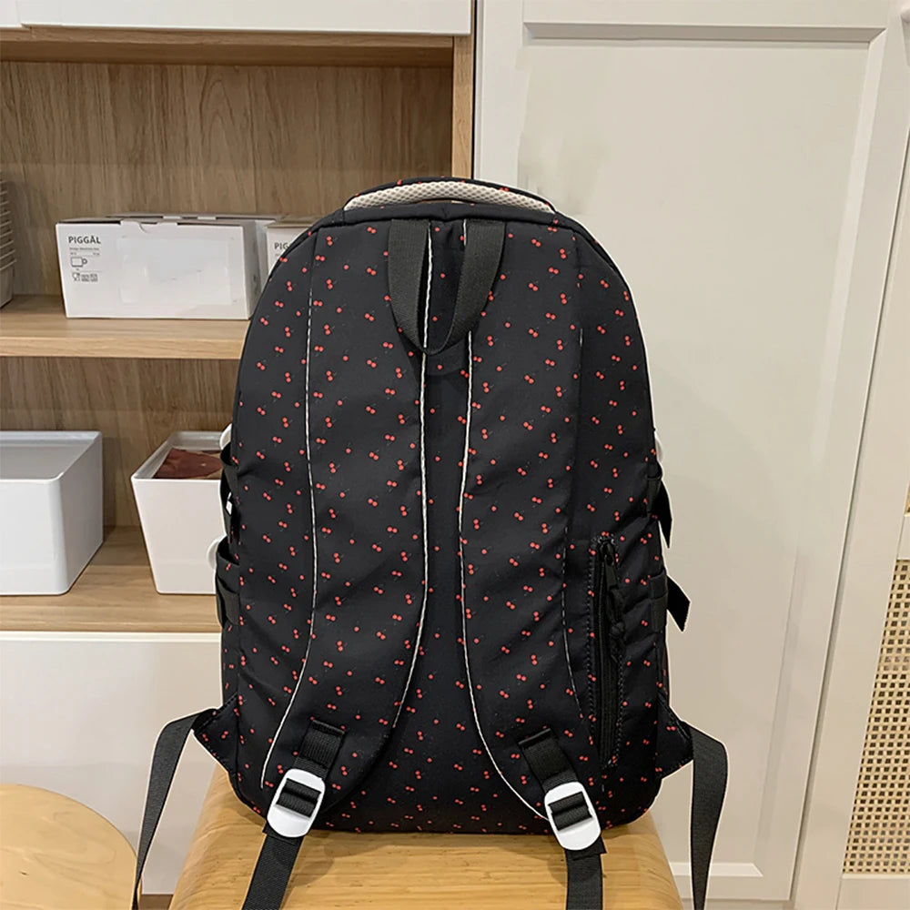 Mochila de Nailon con Estampado de Cerezas y Lazos, Mochila Grande con Múltiples Bolsillos, Ligera y Resistente al Agua para la Escuela y Uso Diario