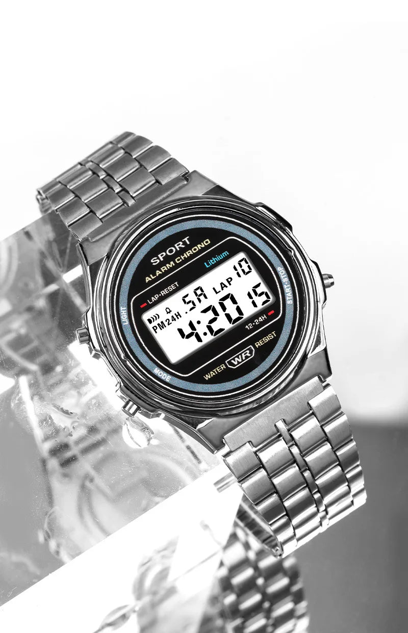 Reloj electrónico LED informal para mujer, correa Retro de acero inoxidable, reloj Digital LED para mujer, reloj de pulsera deportivo multifunción