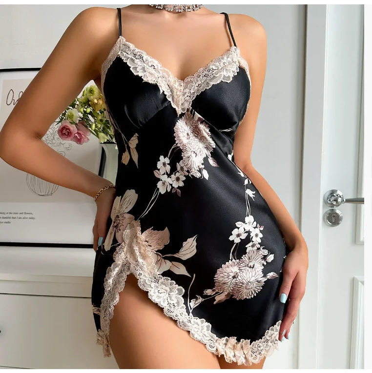 Camisón de leopardo con ribete de encaje, cuello en V, espalda descubierta, vestido de dormir con abertura lateral, vestidos de dormir para mujer