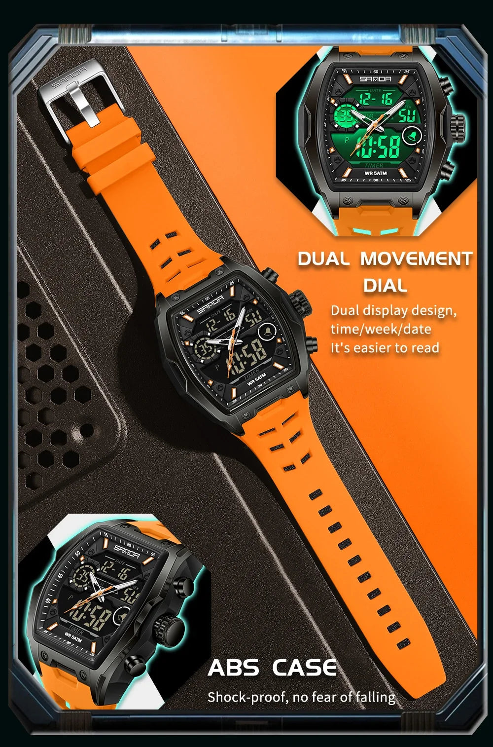 Reloj Deportivo Digital SANDA 6235 para Hombre con LED y Pantalla Dual