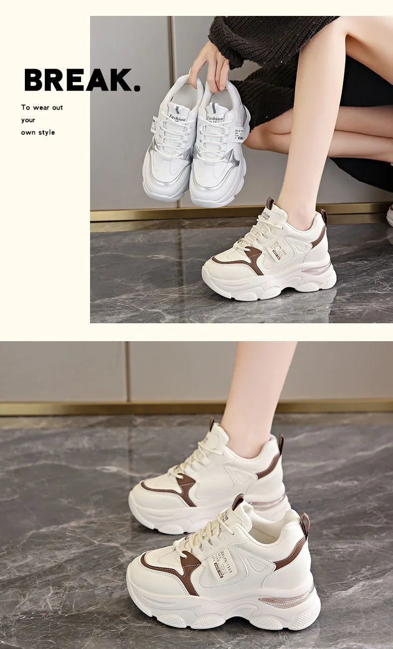 Zapatillas de deporte ultraligeras con suela gruesa para mujer, zapatos deportivos blancos informales, cómodos y transpirables, para primavera y otoño