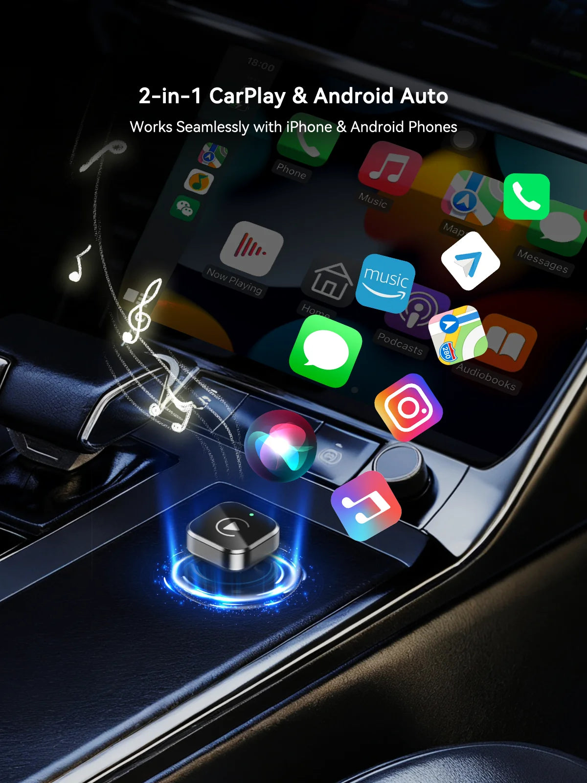 Adaptador CarPlay inalámbrico y Dongle Android Auto, conexión automática rápida, conversión CarPlay inalámbrica Plug & Play ultracompacta y portátil