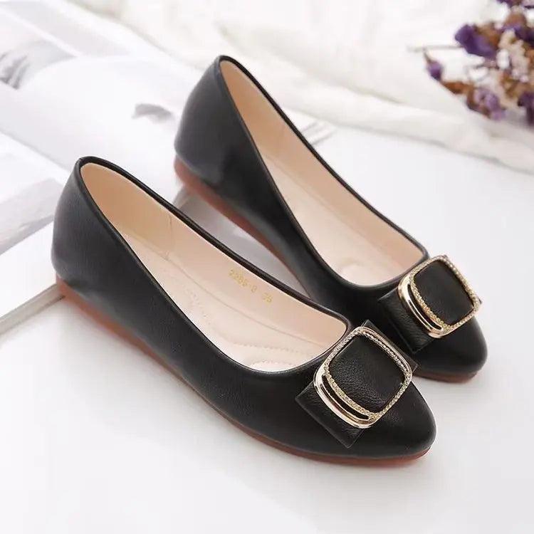 2025 Mocasines minimalistas con cadena y hebilla cuadrada, mocasines acolchados antideslizantes de cuero genuino para mamá
