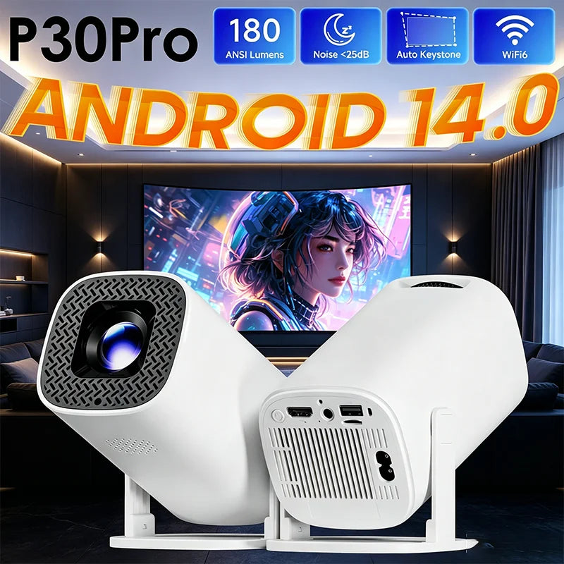 Mini Proyector Inteligente P30PRO Android 14, WiFi6, BT 5.0, Compatible con 4K 1280 * 720P, Compatible con Duplicación de Pantalla, Proyector de Cine en Casa