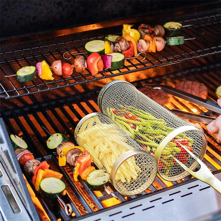 Tubo de red para barbacoa, cesta rodante portátil para asar, cesta cilíndrica de malla de alambre de acero inoxidable para barbacoa al aire libre, Camping JT462
