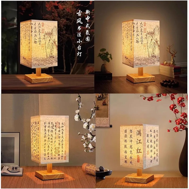 Lámparas de mesa de decoración LED, enchufe regulable Simple, luz nocturna, pantalla de tela, luces cuadradas para dormitorio, mesita de noche de estilo chino