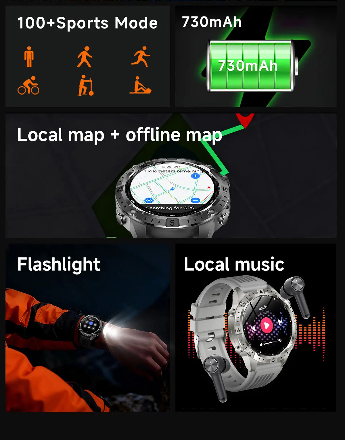 Reloj Inteligente con GPS, Mapa Offline, Linterna y 170 Deportes