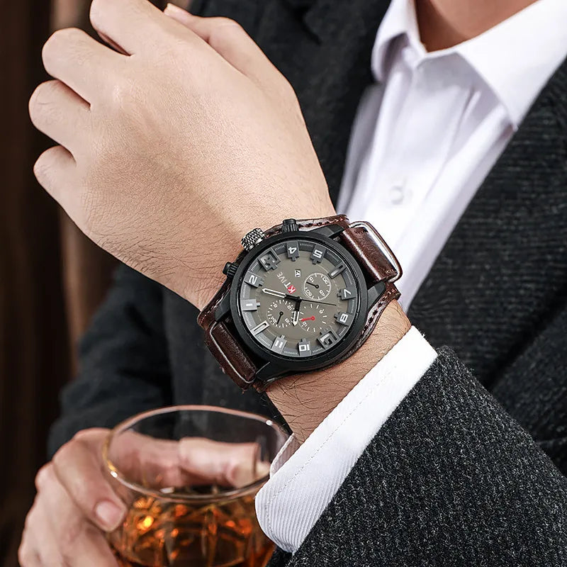 Relojes YIKAZE Retro para hombre, reloj clásico de cuarzo de lujo para negocios, reloj de pulsera militar con fecha y correa de cuero con esfera grande a la moda para hombre