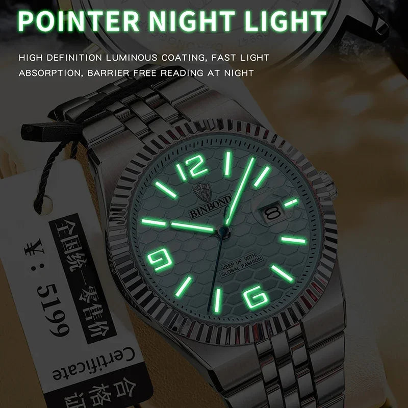 Reloj de Cuarzo BINBOND para Hombre, Esfera Luminosa, Acero Inoxidable