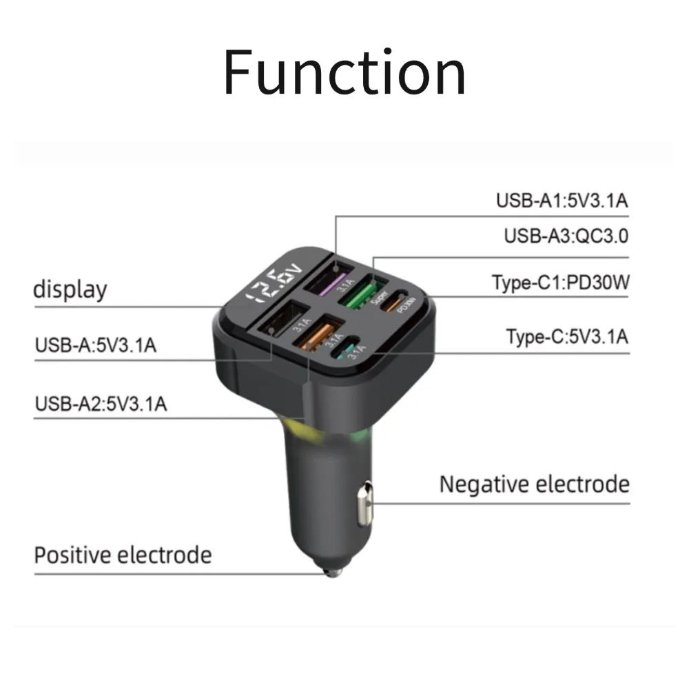 Cargador de Auto 6 Puertos USB con PD30W y QC3.0 Pantalla LED