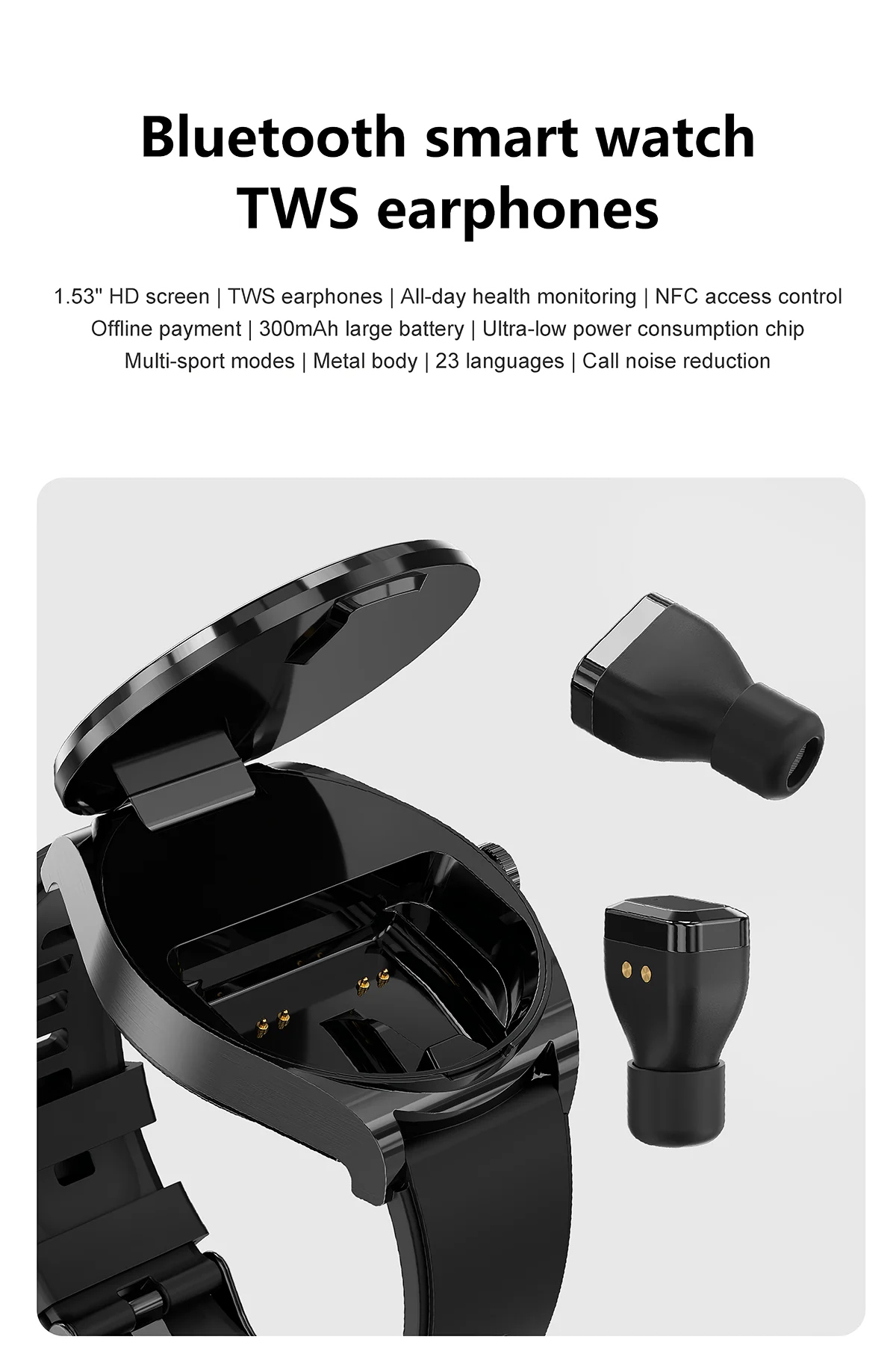 Reloj inteligente TWS con auriculares para hombre y mujer, función NFC, rastreador deportivo, Monitor de ritmo cardíaco, reducción de ruido, reloj inteligente
