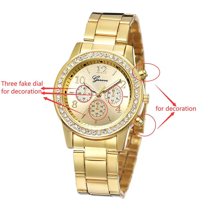 Reloj dorado para mujer Geneva, reloj clásico de acero inoxidable para mujer, relojes de cuarzo con diamantes de imitación a la moda, reloj de pulsera para mujer y niña
