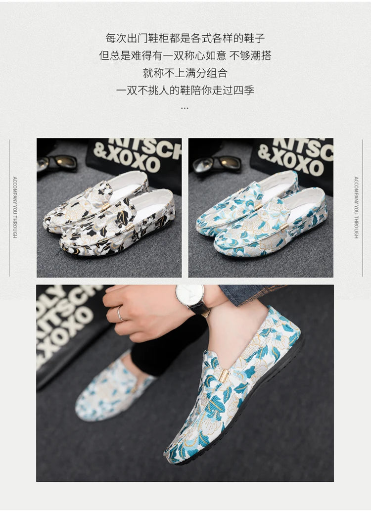 Zapatos Casuales Florales para Hombre | Estilo Mocasín Azul y Blanco