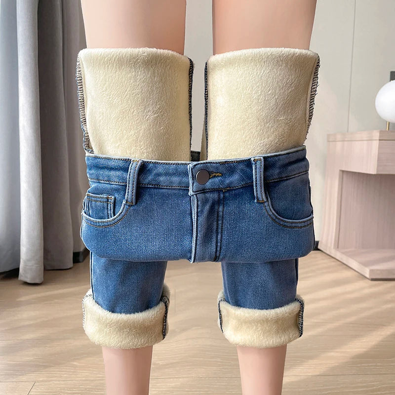 Pantalones Vaqueros Y2K con Forro Polar para Mujer, Cintura Alta, Pierna Recta