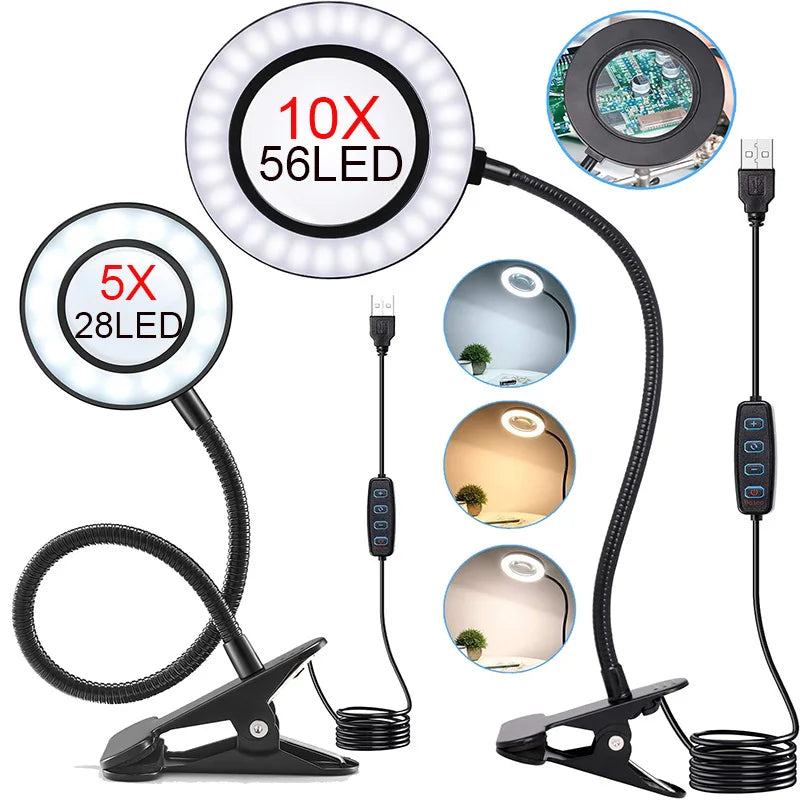 Lupa 5/10X con clip Lámpara de lupa 28/56LED Modo 3 colores 10 Atenuador de brillo 360 °   Luces flexibles con cuello de cisne