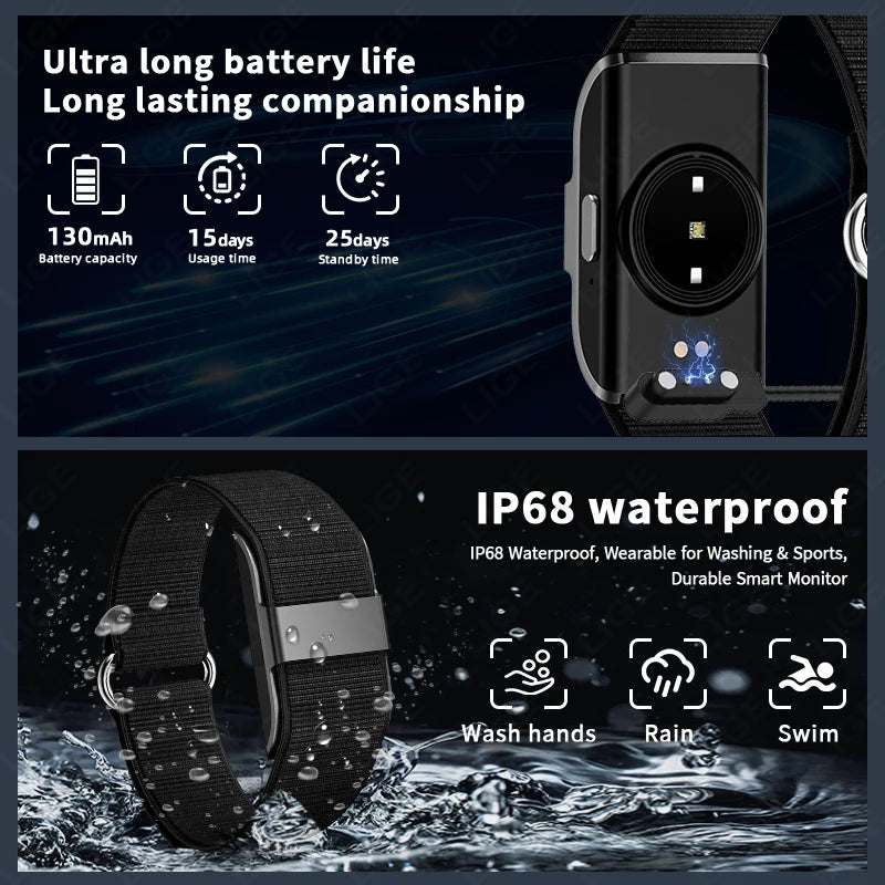Pulsera inteligente LIGE 2026, monitor cardíaco y VFC, resistente al agua IP68