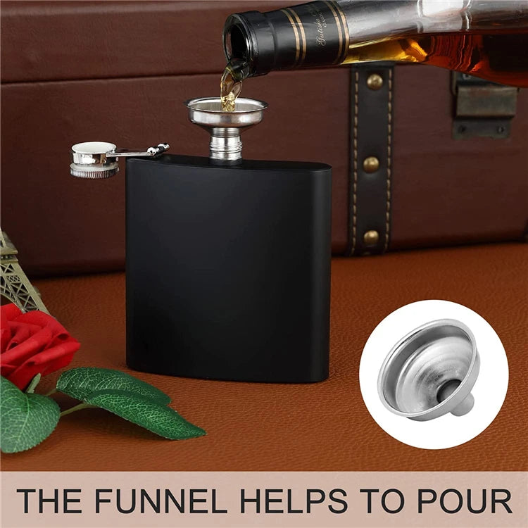 LMETJMA Matraz de cadera negro mate para licor, acero inoxidable, a prueba de fugas con embudo, juego de matraz para beber whisky KC0454