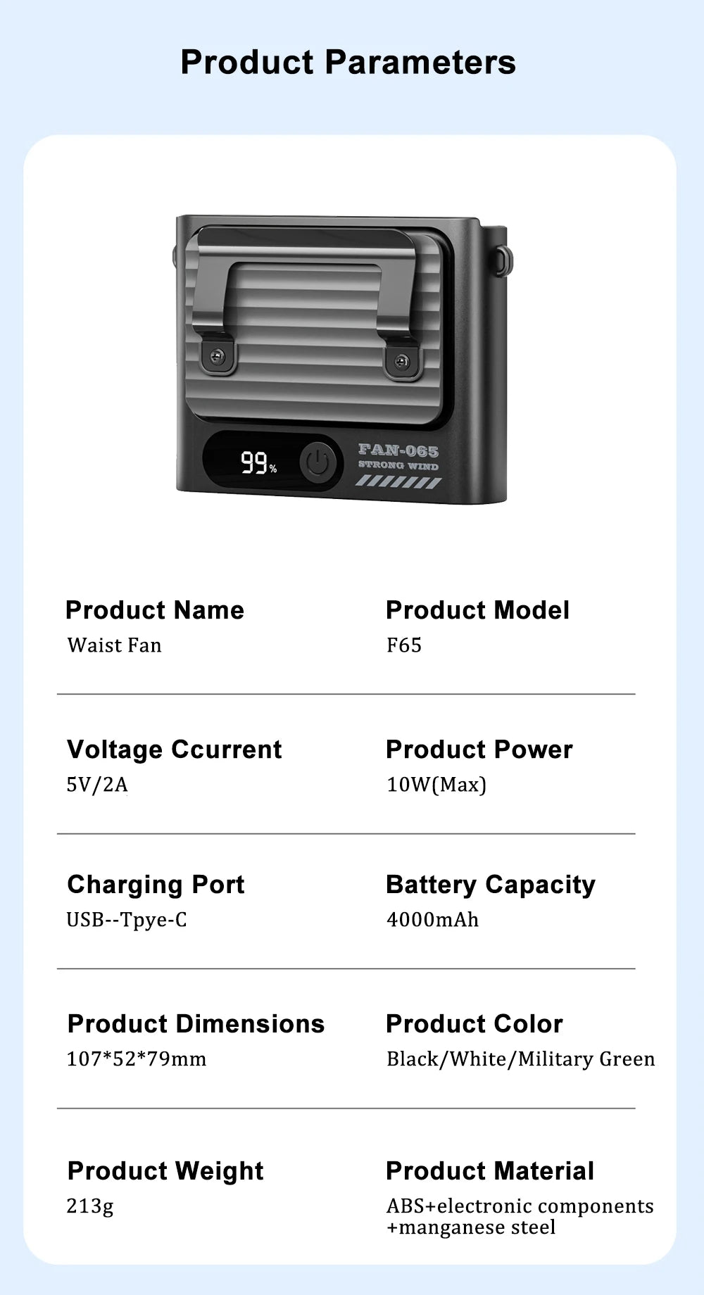 Ventilador portátil con clip 4000mAh, 5 velocidades, pantalla digital