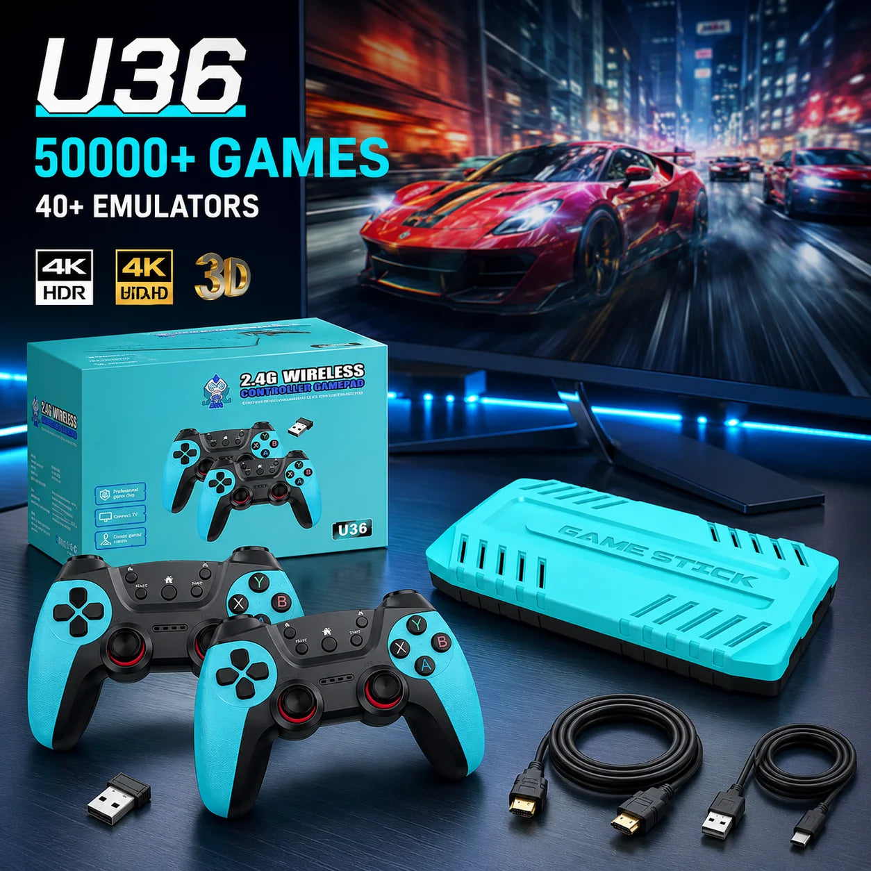 U36 - Mando de Videojuegos Retro Inalámbrico, Consola de Videojuegos para el Hogar, Entretenimiento en el Hogar, Más de 50000 Juegos, 128 GB, Regalos para Niños