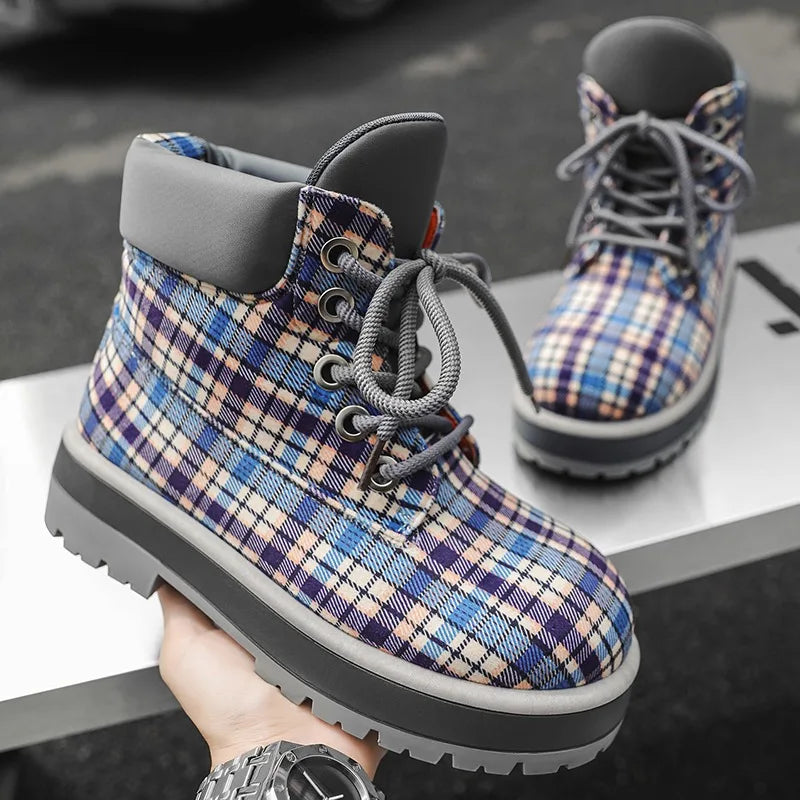 Botas de tobillo a cuadros para hombre con cordones y suela antideslizante