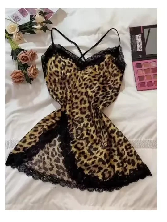 Camisón de satén de seda de leopardo para mujer, ropa de dormir sin mangas con abertura lateral de encaje, ropa de dormir Sexy con cuello en V, ropa de casa para mujer, vestido de pijama de tela