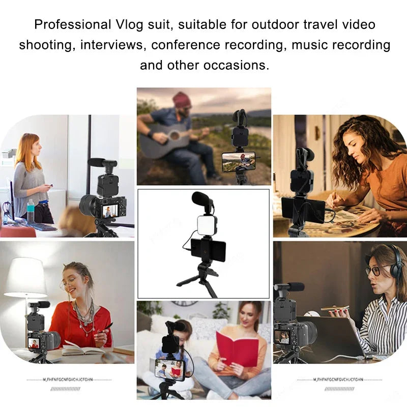 Kit de vlogging para teléfono inteligente con trípode, soporte para teléfono, Mini micrófono, luz de relleno LED, arrancador para TikTok, transmisión en vivo, vídeo, YouTube