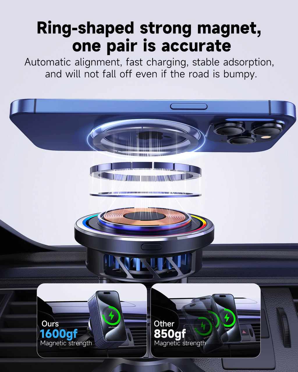 Cargador Inalámbrico Magnético para Auto TEC-Cooler Qi2.2 25W para iPhone 16/17 Pro Max, Carga Rápida, Soporte para Teléfono con Ventilación de Aire para iPhone 17~12