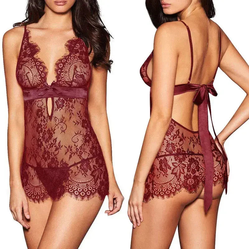 Babydoll de Encaje con Espalda Descubierta, Lencería Sexy