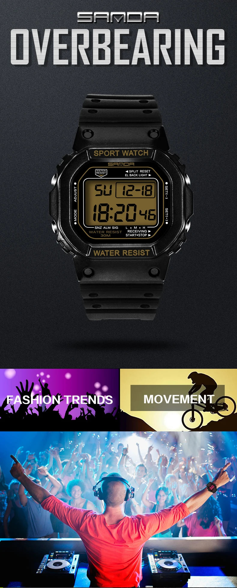 Reloj Digital Deportivo SANDA 329 para Hombre, LED, Resistente al Agua