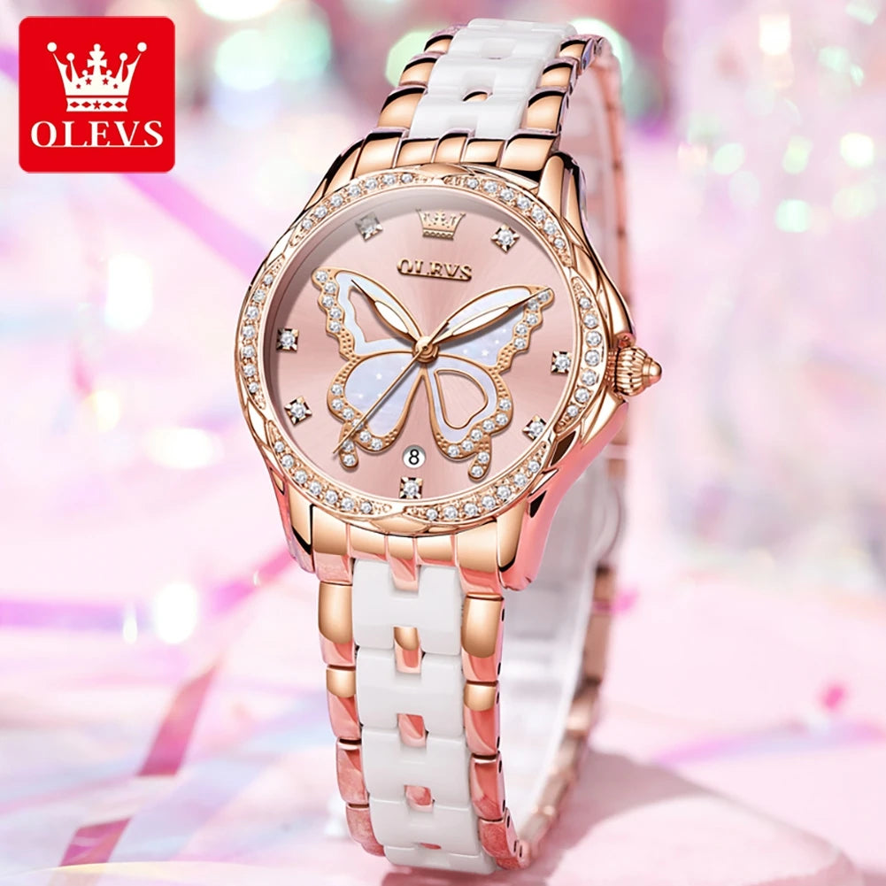 Reloj de Cuarzo OLEVS para Mujer, Correa de Cerámica, Diseño Mariposa