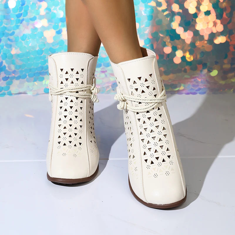 NOVEDAD DE VERANO 2025, botines de tacón medio con suela suave y agujeros a la moda para mujer, zapatos cómodos transpirables Retro