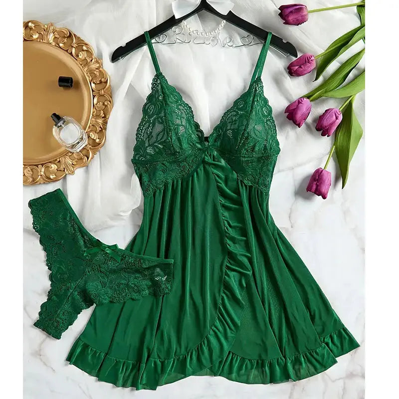 Vestido de lencería Sexy de verano para mujer, camisón transparente de encaje, ropa de dormir lisa, ajustada, suave, con cuello en V, ropa de dormir y vestidos