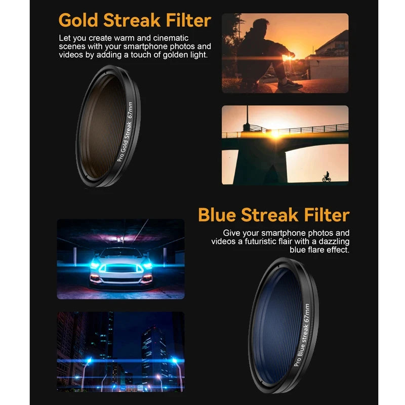 Kit de Filtros 67mm para Lente de Teléfono - CPL, VND, Star, Black Mist