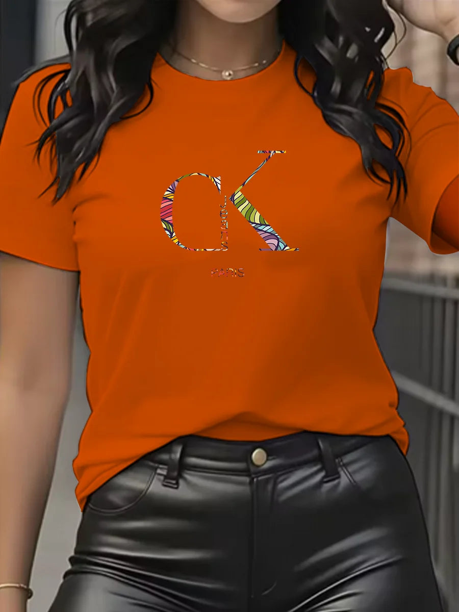 Camiseta con Estampado de Dibujos Animados y Letras Cuello Redondo