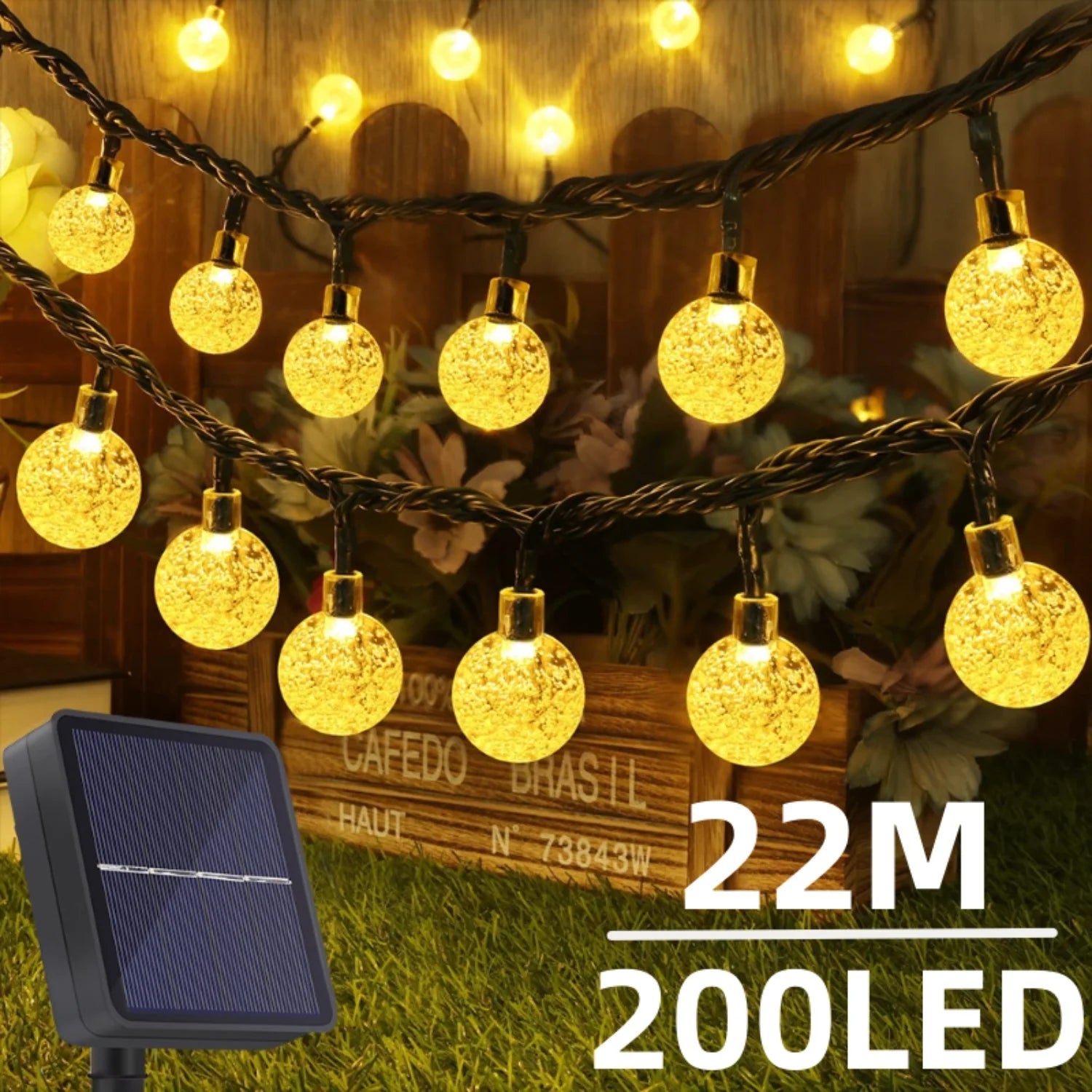 Guirnalda solar 200 LED globo de cristal impermeable para jardín