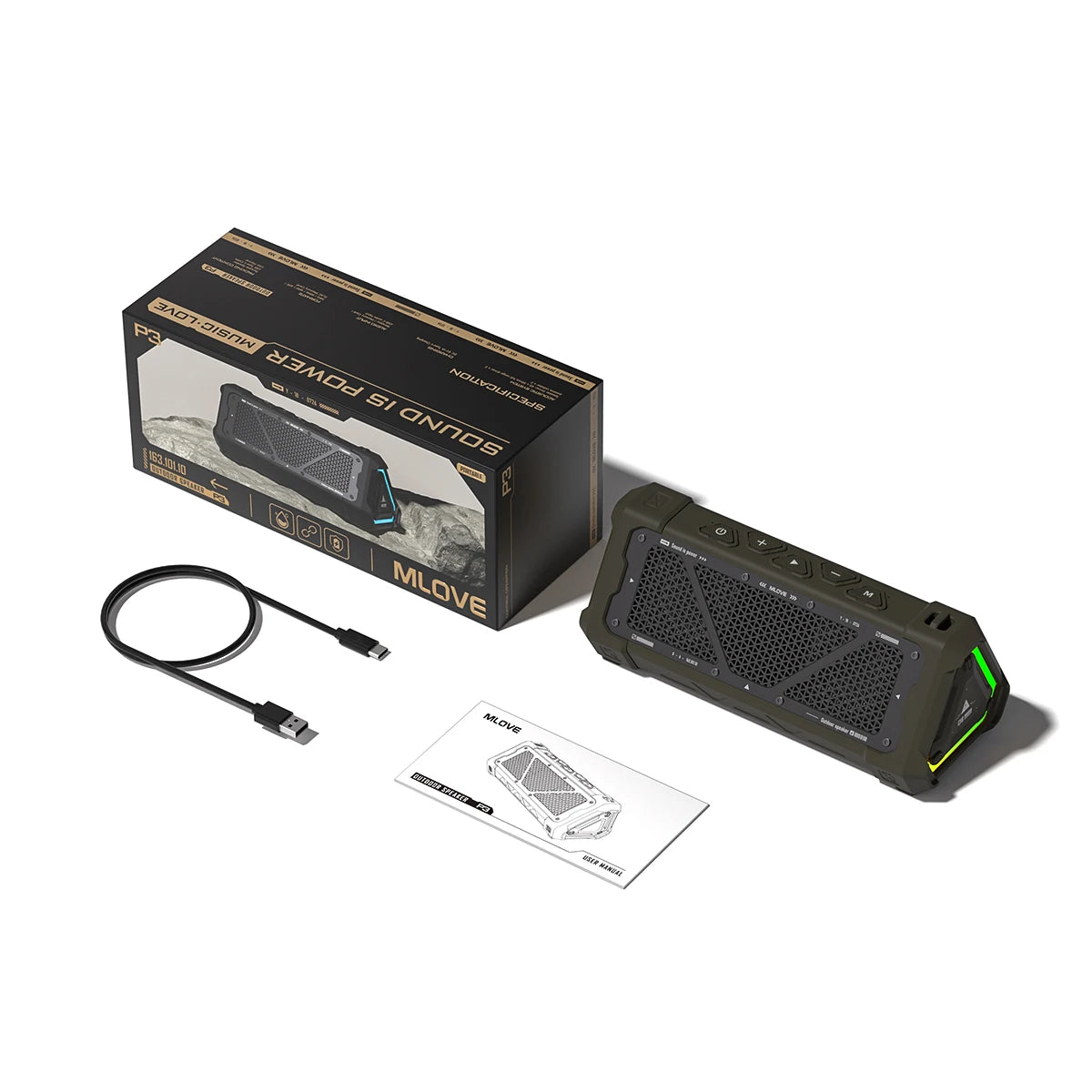 Altavoz Bluetooth para exteriores MLOVE P3, altavoz Bluetooth 5,3 con potencia de salida de 40W, sonido estéreo IPX7 resistente al agua, tarjeta Micro SD, luz RGB
