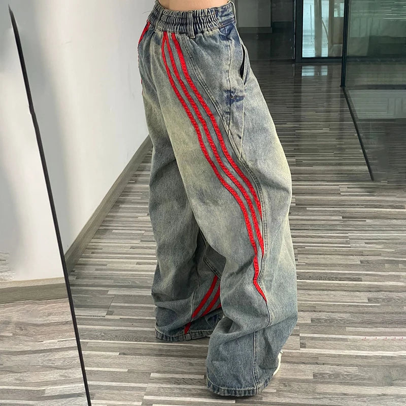 Pantalones Vaqueros de Pierna Ancha con Rayas Laterales