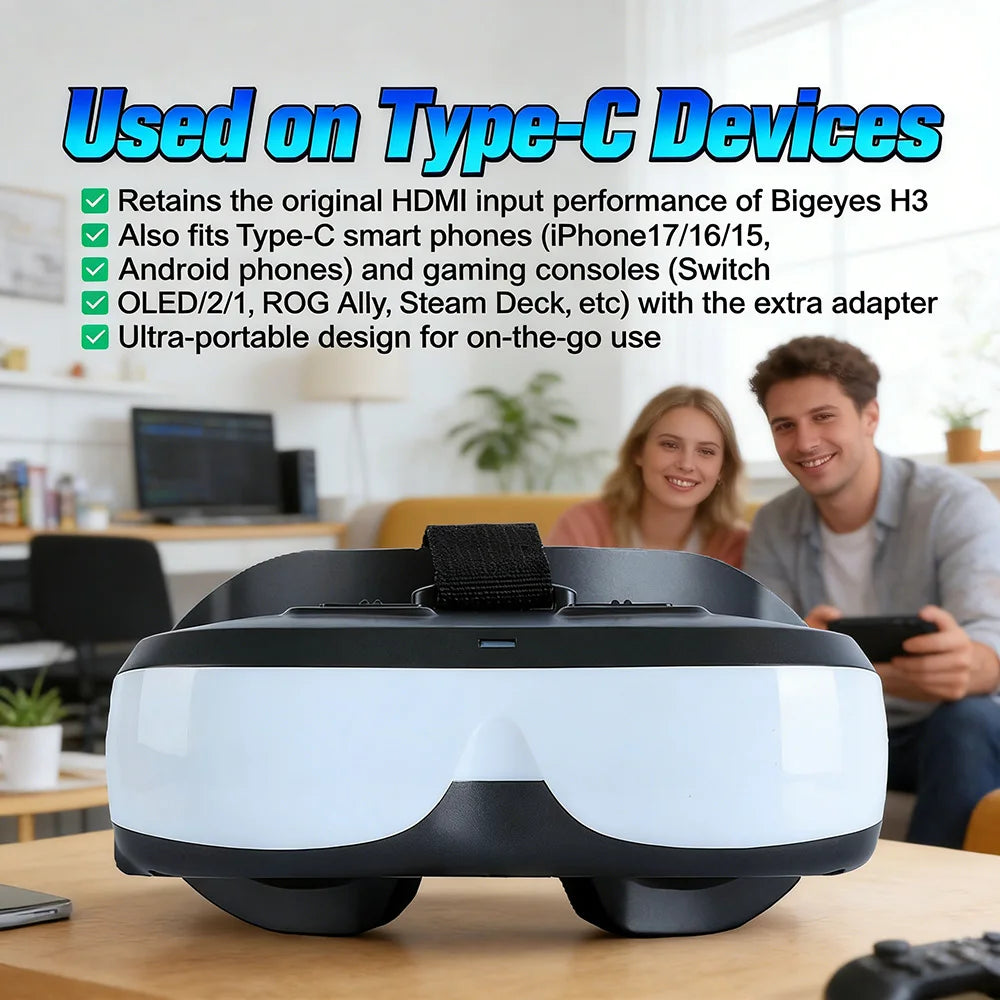 Pantalla montada en la cabeza con entrada HDMI y batería integrada, que permite la conexión a una variedad de dispositivos.