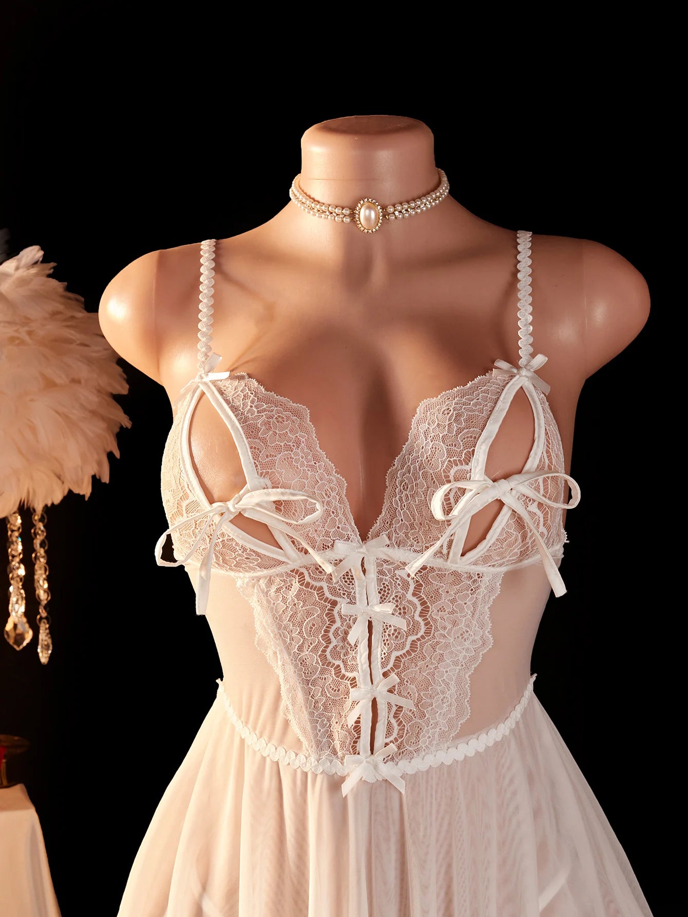 Babydoll de Malla Transparente con Cordones y Volantes para Mujer