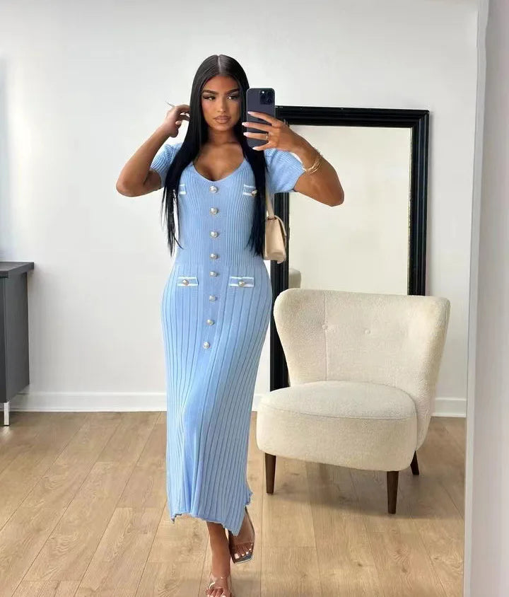 Vestido largo de punto con cuello en V para mujer, suéter elegante de un solo pecho, ropa de calle ceñida al cuerpo, moda de verano, 2024
