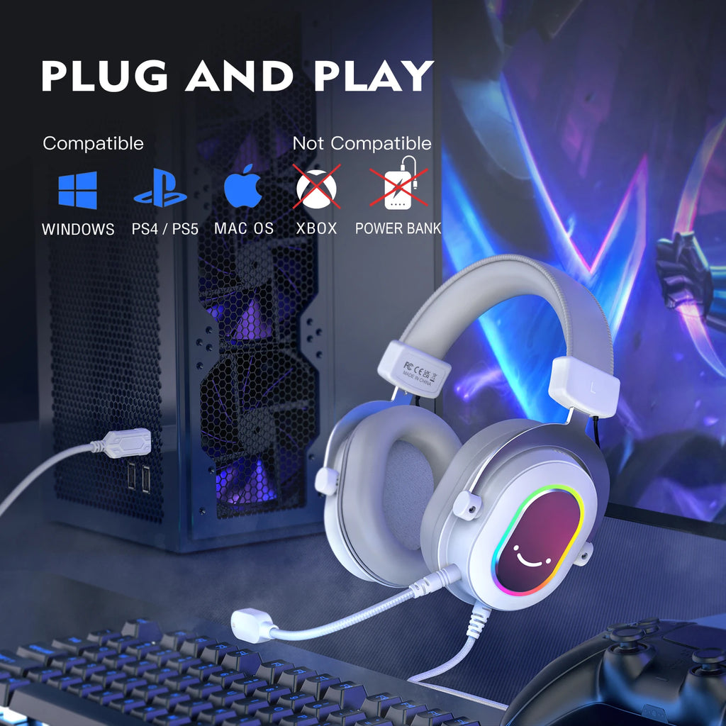 FIFINE RGB Auriculares para juegos con sonido envolvente 7,1/3-EQ/MIC, auriculares supraaurales con control en línea para PC PS4 PS5 Ampligame-H6W