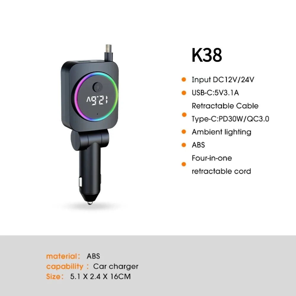 Cargador de Auto Retráctil 60W con Cable Tipo C PD30W y QC3.0 USB