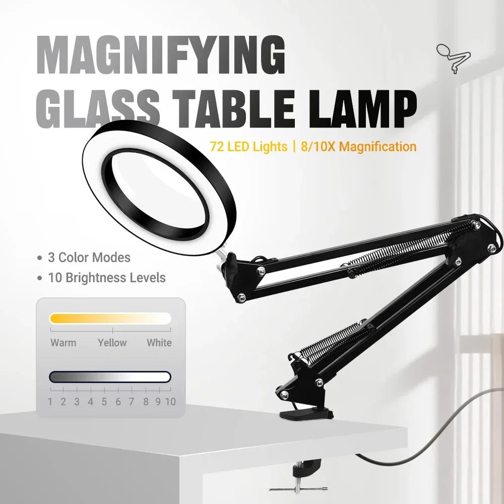 Lupa 10X con 72 luces LED, lámpara de aumento con Clip, lupa iluminada, anillo de luz para Selfie con soporte para teléfono de Metal