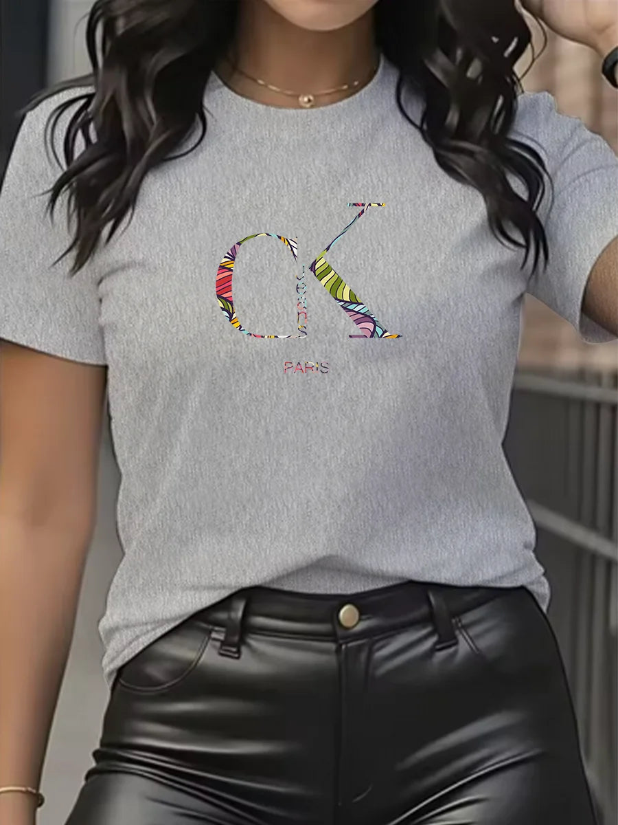 Camiseta con Estampado de Dibujos Animados y Letras Cuello Redondo
