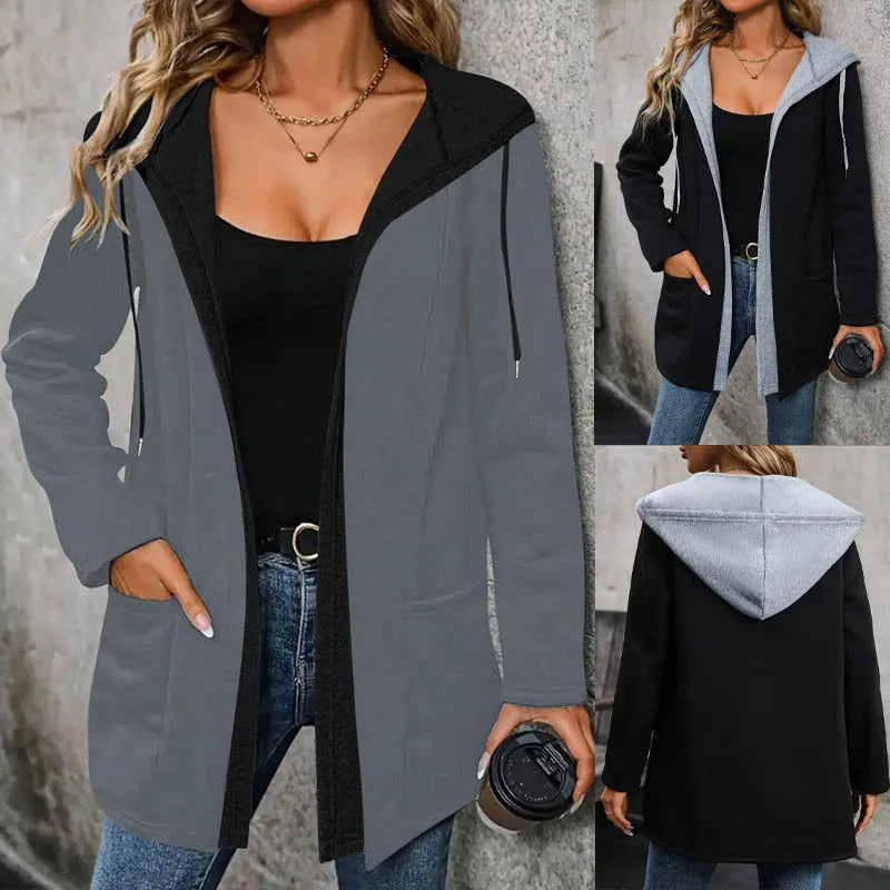 Otoño e Invierno nueva mujer casual moda patchwork color a juego cardigan sudadera con capucha